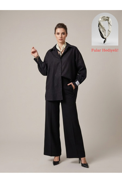 Tangül&Ali'S Moda Evi Premium Siyah Oversize Kadın Gömlek (İNCİ TOKALI FULAR ...