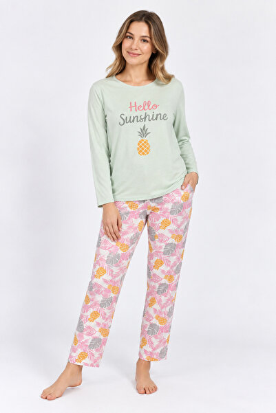 Miss Lale Pijama Γυναικείες πιτζάμες μεγάλου μεγέθους, πράσινες και ροζ, με σ...