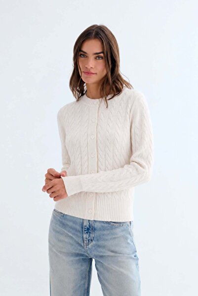 Silk and Cashmere Ekru Sorelle Saf Kaşmir Örgülü Hırka