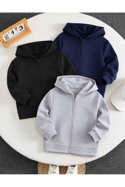trendyears Kız-Erkek Çocuk Unisex Siyah-Gri-Lacivert 3'lü Paket Şardonlu Kapş...