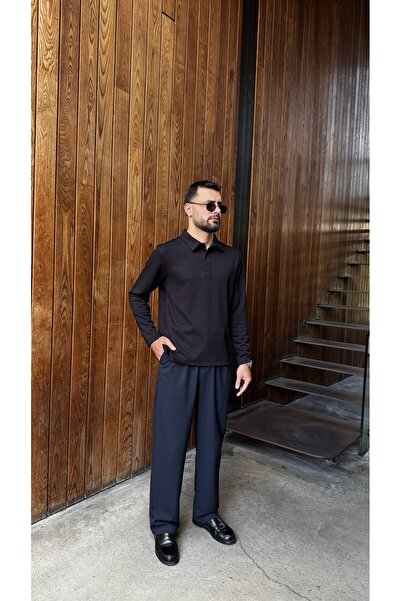 JESSE STORY Men's Navy Blue Fabric Trousers 110 cm Cotton Texture Pleated Str...