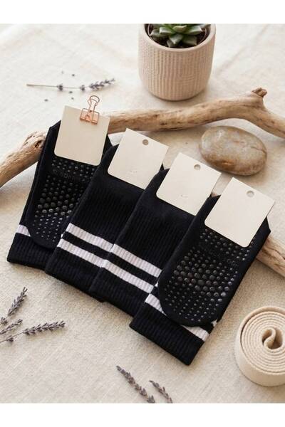 Pimody Women's 4-Piece Non-Slip Sole Striped Plates&Yogo Socks