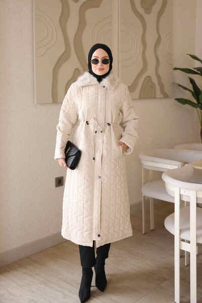 İmajButik Stone Waist Tied Collar Fur Quilted Long Coat
