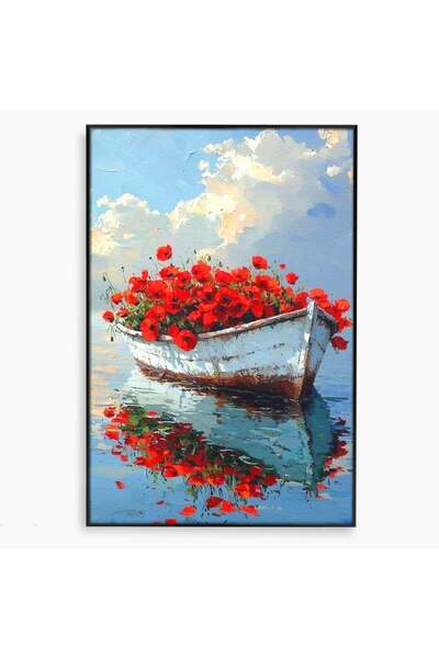 Luxcanva Tablou Canvas Barca Cu Maci 50x70 cm cu Rama Negru Ambarcatiune Rosu...