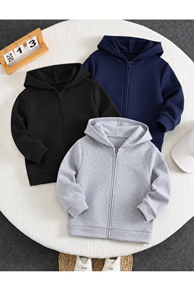 MORNİNG KİDS Kız-Erkek Unisex Çocuk Lacivert-Siyah-Gri Kapşonlu Fermuarlı Swe...