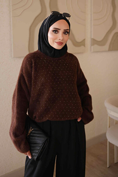 İmajButik Brown Crew Neck Stoned Angora Soft Knit Sweater
