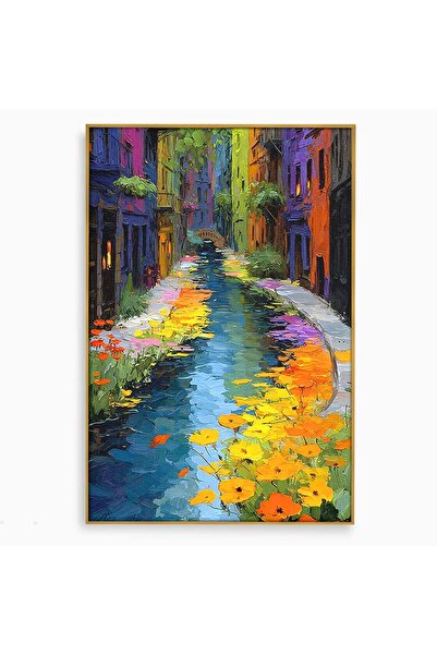 Luxcanva Tablou Canvas Strada Colorata 40x60 cm cu Rama Auriu Alee Flori Urban