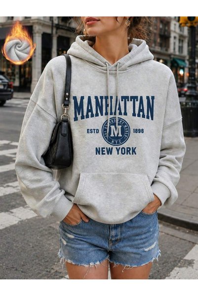 MITHRAS OUTDOORS Unisex Gray Manhattan Printed Hooded Sweatshirt Printed Prem...
