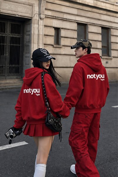 The Champ Clothing Unisex Oversize Hoodie Not You Again Baskılı Kırmızı – Kap...