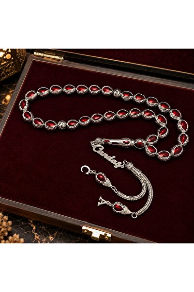 KANUNİ TESBİH Special Design Red Enamel Embroidered Letter and Silver Name De...