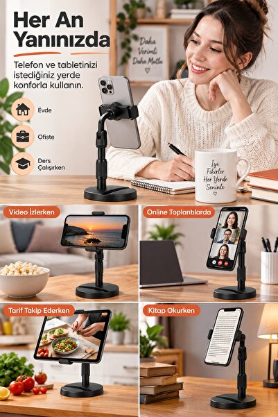 İnfeta Black Adjustable Desktop Phone and Tablet Holder Telescopic Stand