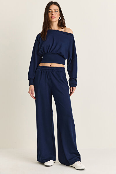 Bianco Lucci Women's Navy Blue Boat Neck Corseted Waist Crop Blouse Pocket De...