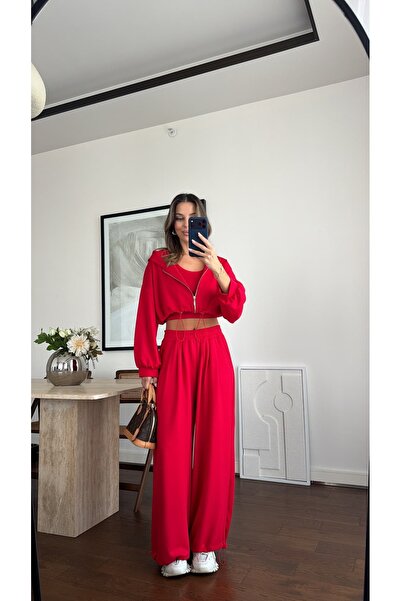 sinem kıvanç MODAL KUMAŞ KAPÜŞONLU CROP 3’LÜ TAKIM