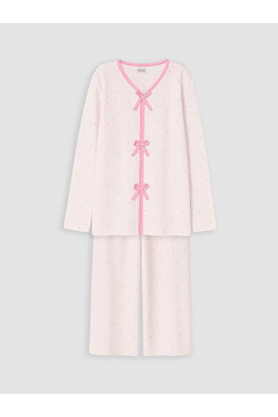 LC Waikiki Girls' Pajama Set Heart Patterned Striped Bow Detailed Long Sleeve...