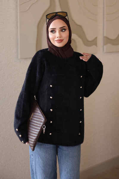 İmajButik Black Button Detailed Angora Knit Sweater