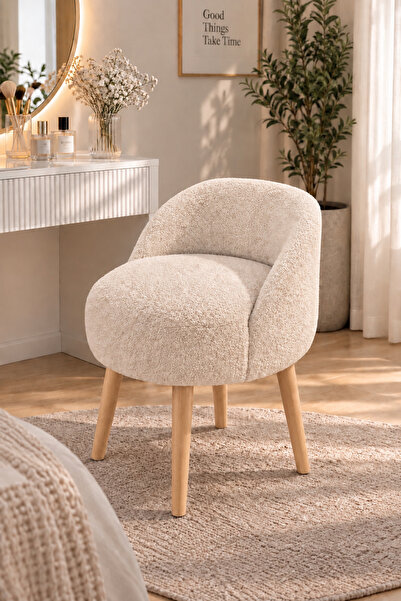 ygdecor Lüks Bukle Makyaj Koltuğu Ahşap Ayaklı Çok Amaçlı Tasarım Puf ve Berjer