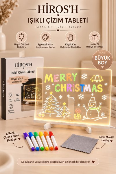HİROS'H Büyük Boy Led Işıklı Çizim Tahtası 200*300 7 Kalemli Silme Mendili Hediyeli