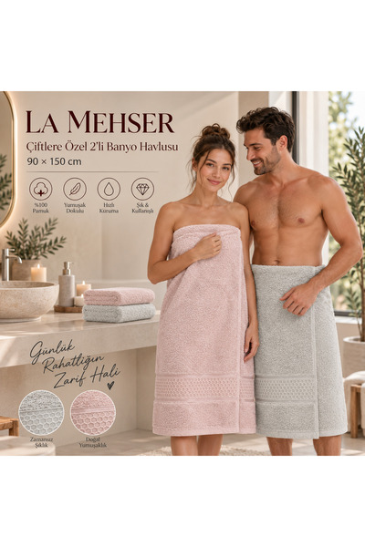 LA MEHSER 2'li %100 Pamuklu Yumuşak Çift Takımlı Banyo Havlusu 90x150