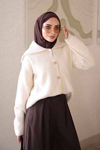 İmajButik Cream Buttoned Angora Soft Knit Cardigan