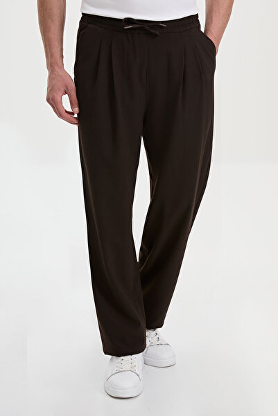 Mcr Straight Oversize Drawstring Pleated Wide Leg Men's Trousers Dark Brown -...
