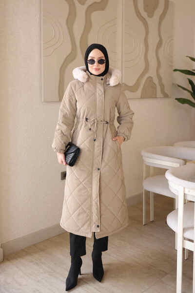 İmajButik Beige Zippered Hooded Quilted Long Nova Coat