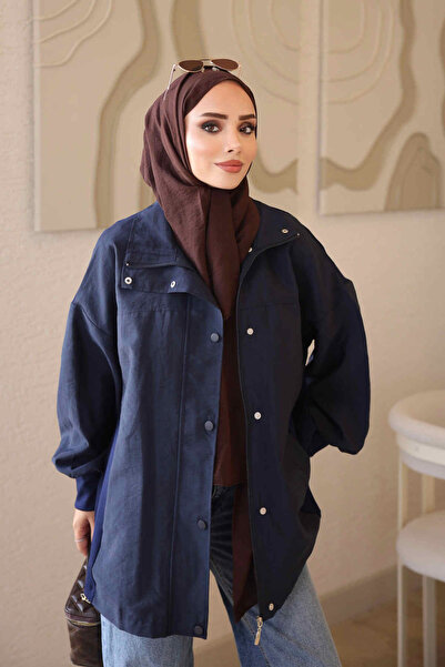 İmajButik Lacivert Fermuarlı Çıtçıtlı Garnili Ceket Trenç