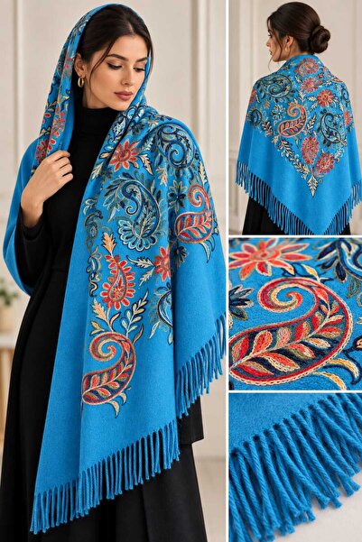 tomrisboutique شال كشمير مطرز بالصوف مقاس 70 × 200 سم بنقشة زهور عرقية مع شرا...