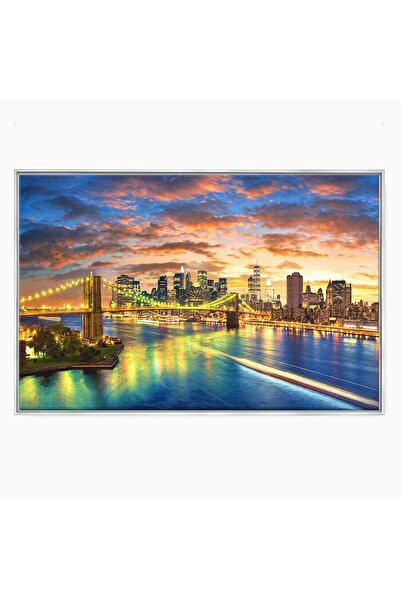 Luxcanva Tablou Canvas Orasul Luminat 70x50 cm cu Rama Argintiu Oras Pod Apus