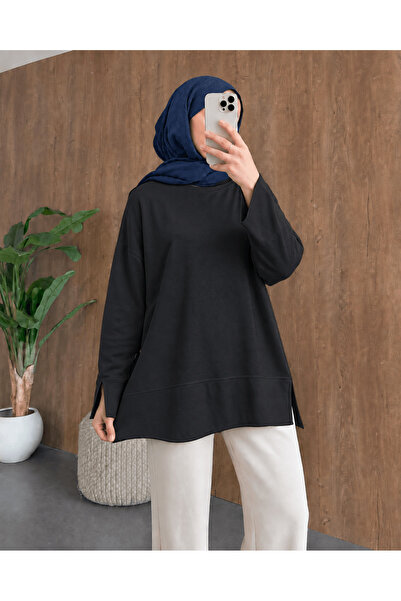 Hepsi Moda Bisiklet Yaka Yırtmaç Detaylı Bluz Siyah
