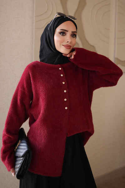 İmajButik Burgundy Buttoned Angora Soft Knit Cardigan