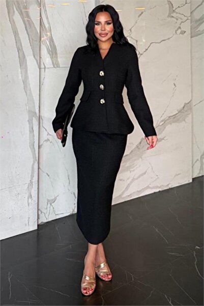 Neşeli Butik kadın siyah tüvit kumaş peplum ceket kalem etek ikili takım NBST...