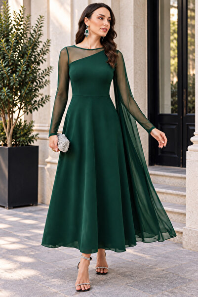 Kokosh moda Zamansız Şıklık Kadın Asimetrik Tül Yaka Detaylı Uzun Kollu Şık S...