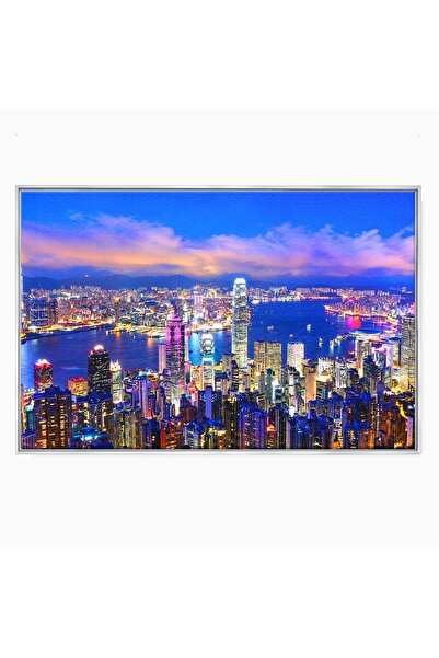 Luxcanva Tablou Canvas Oras Nocturn Vibrant 100x70 cm cu Rama Argintiu Oras N...