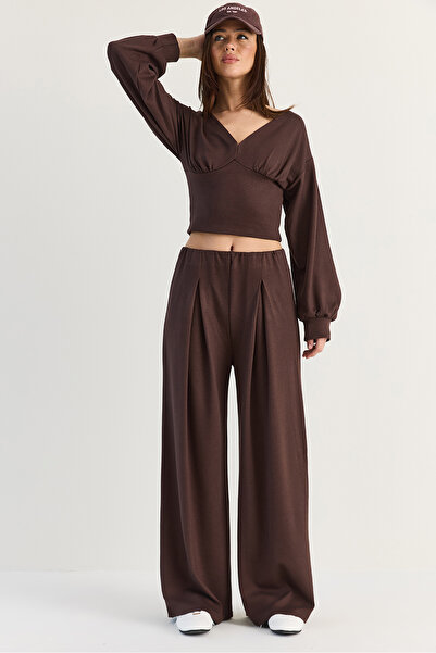Bianco Lucci Women's Bitter Coffee V-Neck Waist Corseted Crop Blouse Waist Pl...
