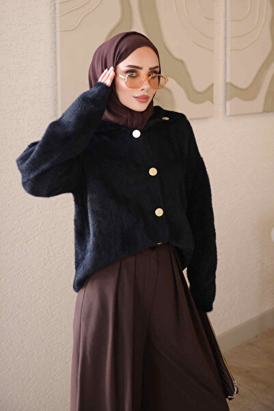 İmajButik Black Buttoned Angora Soft Knit Cardigan