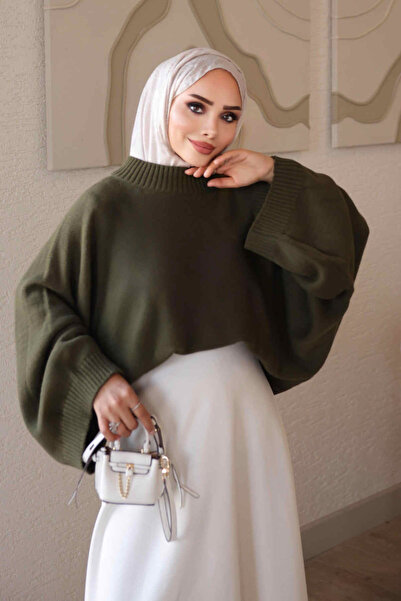 İmajButik Khaki Bat Sleeve Oversize Knitwear Sweater