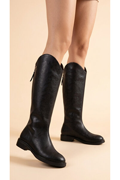 Moda Lime Women's Leather Look Short Heeled Below the Knee Boots with Back Zi...
