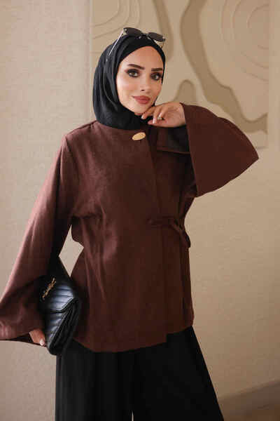 İmajButik Brown Sleeveless Slit Side Tie Kimono