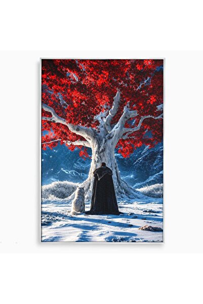 Luxcanva Tablou Canvas Arborele Rosu 70x100 cm cu Rama Argintiu Copac Iarna F...