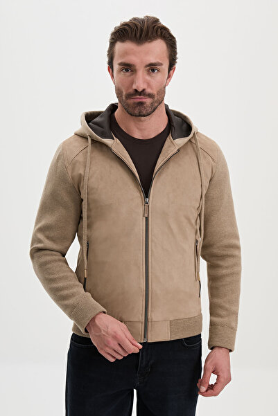 Mcr Slim Fit Suede Body Knitwear Sleeves Hooded Zippered Men's Coat Beige - 3...