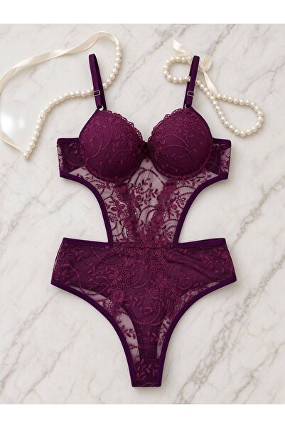 ARONA Transparan Dantelli Destekli Balenli Bodysuit