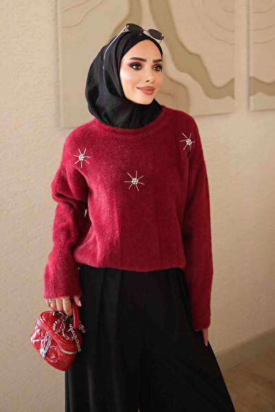 İmajButik Burgundy Crew Neck Stoned Angora Soft Knit Sweater