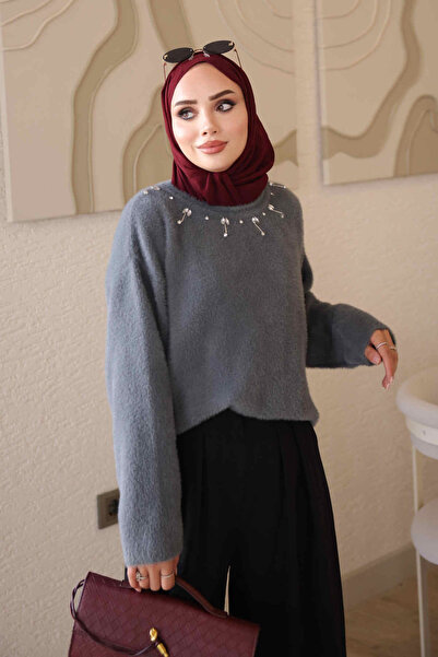 İmajButik Smoked Crew Neck Stoned Angora Soft Knit Sweater