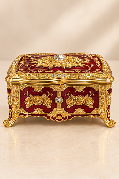 Generic Brand Red Gold Embroidered Rose Patterned Covered Jewelry Box Small Size