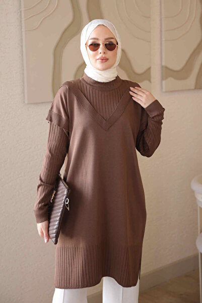 İmajButik Vizon Kol Yaka Detaylı Merserize Triko Tunik