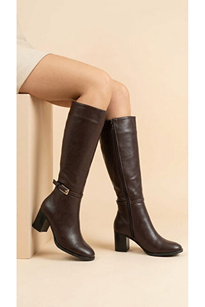 Moda Lime Women's Leather Look Zippered Buckle Thick Heeled Winter Below-Knee...