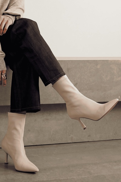 SHOEBELLAS Bary Bej Streç Fermuarlı Kadın Topuklu Bot