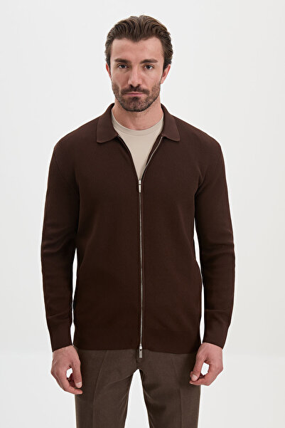Mcr Plain Slim Fit Shirt Collar Zippered Cotton Men's Knitwear Cardigan Coffe...