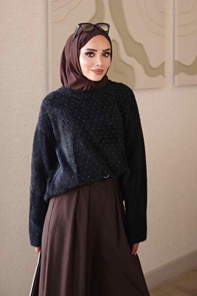 İmajButik Black Crew Neck Stoned Angora Soft Knit Sweater