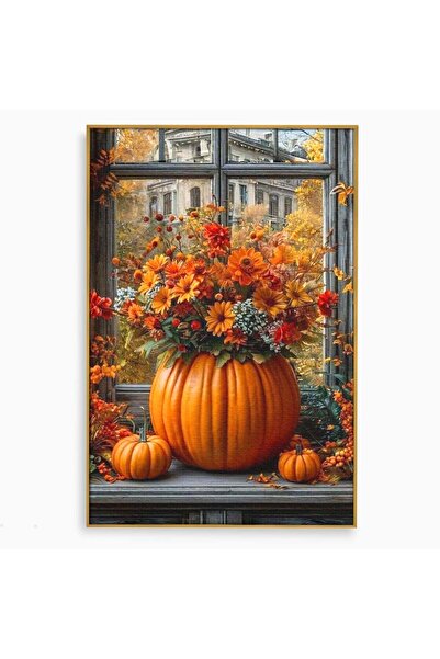 Luxcanva Tablou Canvas Toamna Cu Dovleci 100x150 cm cu Rama Auriu Decor Flori...